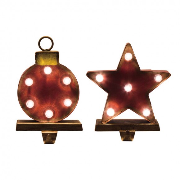 Glitzhome Marquee LED Star & Wooden/Metal Ornament Stocking Holder, Set of 2