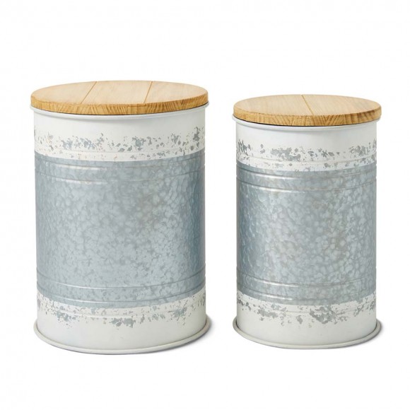 Glitzhome Farmhouse Distressed White Galvanized Metal Storage Accent Table or Stool with Solid Wood Lid, Set of 2