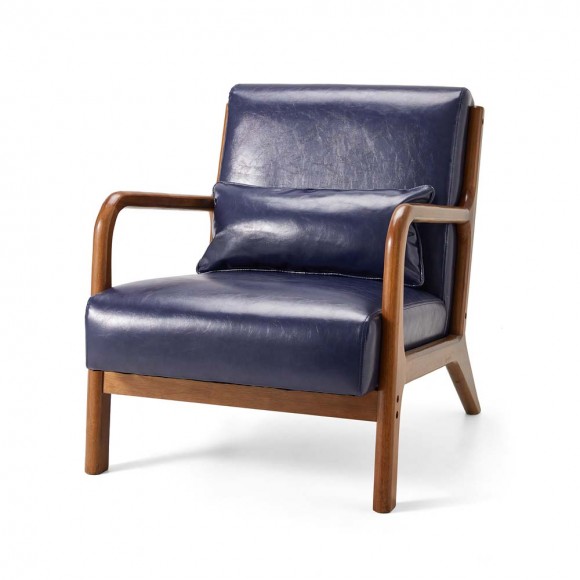 Glitzhome 30.00"H Mid-century Modern Navy Blue Leatherette Accent Armchair with Walnut Rubberwood Frame