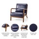 Glitzhome 30.00"H Mid-century Modern Navy Blue Leatherette Accent Armchair with Walnut Rubberwood Frame