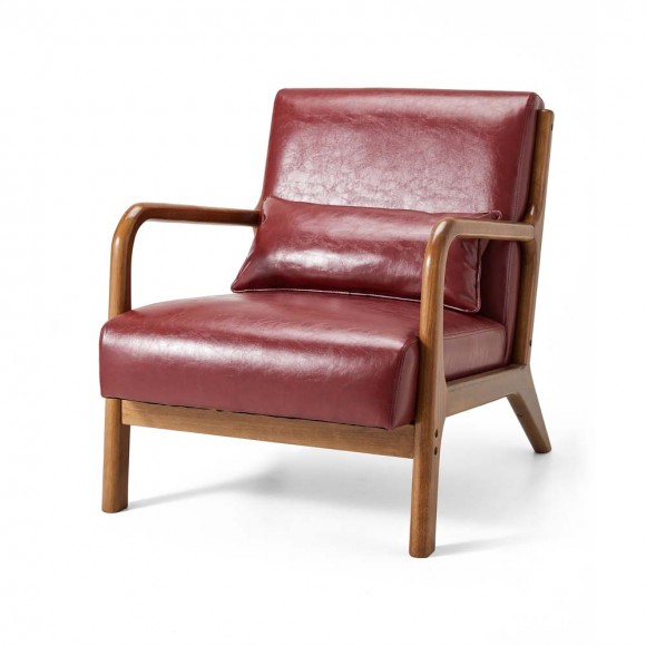 Glitzhome 30.00"H Mid-century Modern Burgundy Leatherette Accent Armchair with Walnut Rubberwood Frame