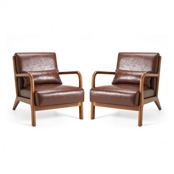 Glitzhome 30.00"H Mid-century Modern Coffee Leatherette Accent Armchair with Walnut Rubberwood Frame, Set of 2