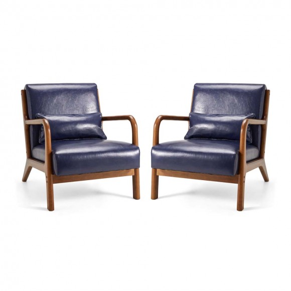 Glitzhome 30.00"H Mid-century Modern Navy Blue Leatherette Accent Armchair with Walnut Rubberwood Frame, Set of 2