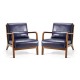 Glitzhome 30.00"H Mid-century Modern Navy Blue Leatherette Accent Armchair with Walnut Rubberwood Frame, Set of 2