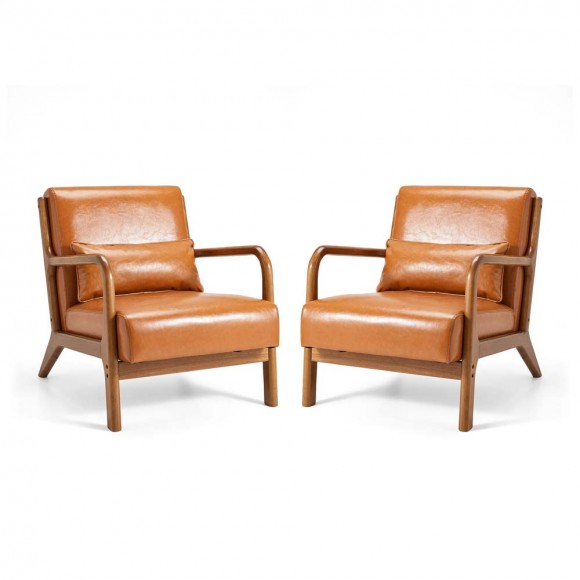 Glitzhome 30.00"H Mid-century Modern Yellowish-brown Leatherette Accent Armchair with Walnut Rubberwood Frame, Set of 2