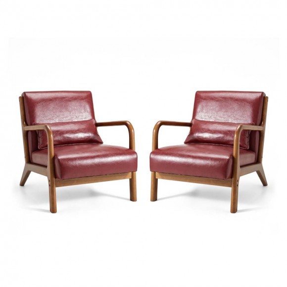 Glitzhome 30.00"H Mid-century Modern Burgundy Leatherette Accent Armchair with Walnut Rubberwood Frame, Set of 2