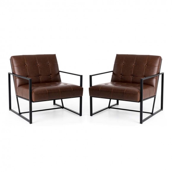 Glitzhome 29.25"H Modern Brown Leatherette Accent Armchair with Black Metal Frame, Set of 2