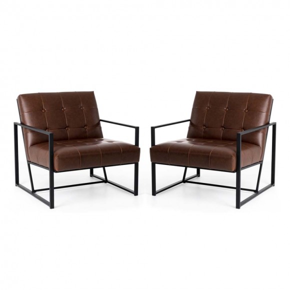 Glitzhome 31.50"H Modern Brown Leatherette Accent Armchair with Black Metal Frame, Set of 2