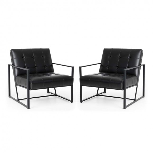 Glitzhome 31.50"H Modern Black Leatherette Accent Armchair with Black Metal Frame, Set of 2