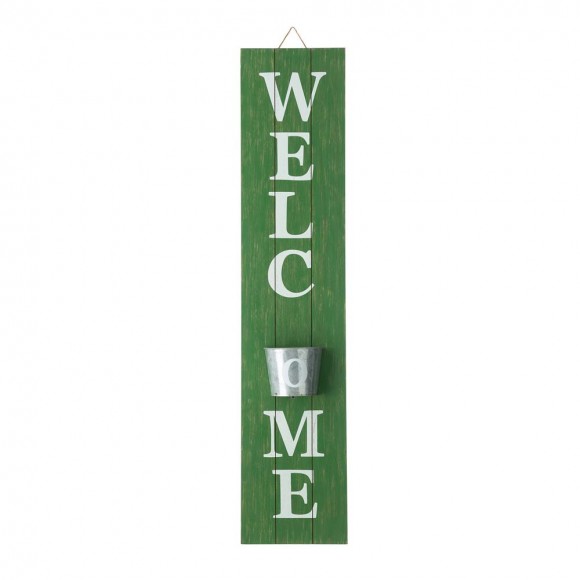 Glitzhome 42"H Wooden Washed Green "WELCOME" Porch Sign with Metal Planter