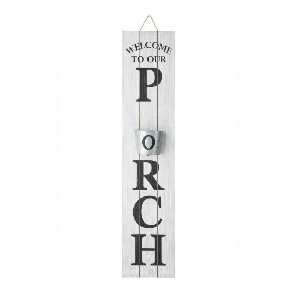 Glitzhome 42"H Wooden Washed White "WELCOME TO OUR PORCH" Porch Sign with Metal Planter