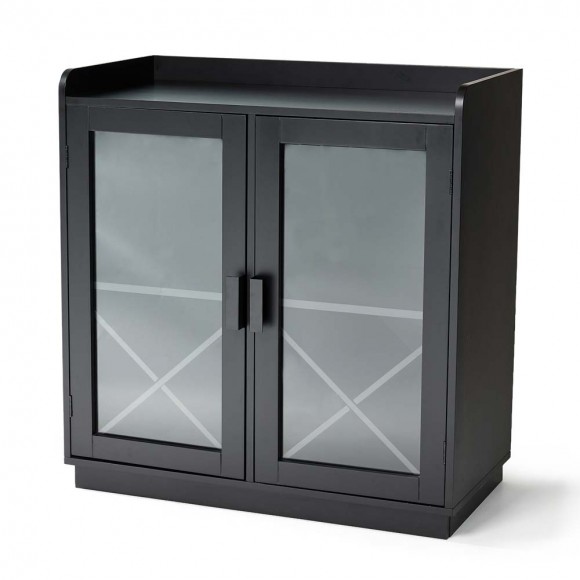 Glitzhome 32.75"H Black Wine Cabinet with 2 Built-in X Shaped Storage Racks and 2 Glass Doors