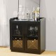 Glitzhome 32.75"H Black Wine Cabinet with 2 Built-in X Shaped Storage Racks and 2 Glass Doors