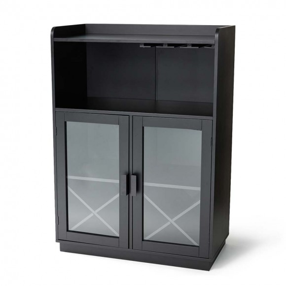 Glitzhome 44.00"H Black High Wine Cabinet with 2 Built-in X Shaped Storage Racks and 2 Glass Doors