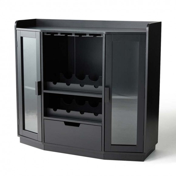 Glitzhome 40.00"L Black Wine Cabinet with Large Tabletop and 2 Glass Doors