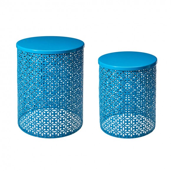 Glitzhome Set of 2 Metal Blue Garden Stool or Planter Stand or Accent Table or Side Table (Multi-functional)