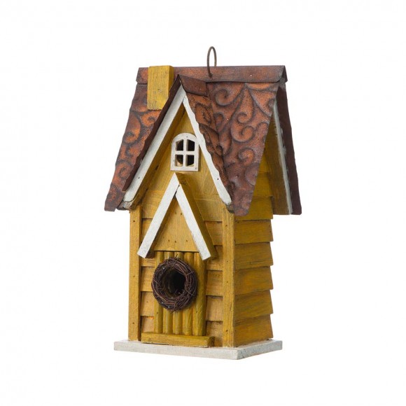 Glitzhome 12"H Retro Yellow Distressed Solid Wood Cottage Birdhouse