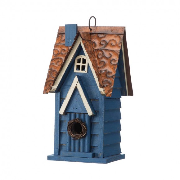 Glitzhome 12"H Retro Blue Distressed Solid Wood Cottage Birdhouse