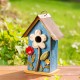 Glitzhome 10.25"H Retro Blue Distressed Solid Wood Birdhouse with 3D Flowers