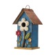 Glitzhome 10.25"H Retro Blue Distressed Solid Wood Birdhouse with 3D Flowers