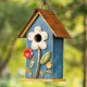 Glitzhome 10.25"H Retro Blue Distressed Solid Wood Birdhouse with 3D Flowers