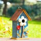 Glitzhome 10.25"H Retro Blue Distressed Solid Wood Birdhouse with 3D Flowers