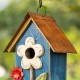 Glitzhome 10.25"H Retro Blue Distressed Solid Wood Birdhouse with 3D Flowers