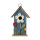 Glitzhome 10.25"H Retro Blue Distressed Solid Wood Birdhouse with 3D Flowers