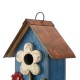 Glitzhome 10.25"H Retro Blue Distressed Solid Wood Birdhouse with 3D Flowers