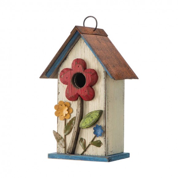 Glitzhome 10.25"H Washed White Distressed Solid Wood Birdhouse with 3D Flowers