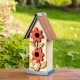 Glitzhome 13.75"H Washed White Two-Tiered Distressed Solid Wood Birdhouse with 3D Flowers
