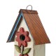 Glitzhome 13.75"H Washed White Two-Tiered Distressed Solid Wood Birdhouse with 3D Flowers