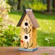 Glitzhome 13.75"H Washed Yellow Two-Tiered Distressed Solid Wood Birdhouse with 3D Flowers