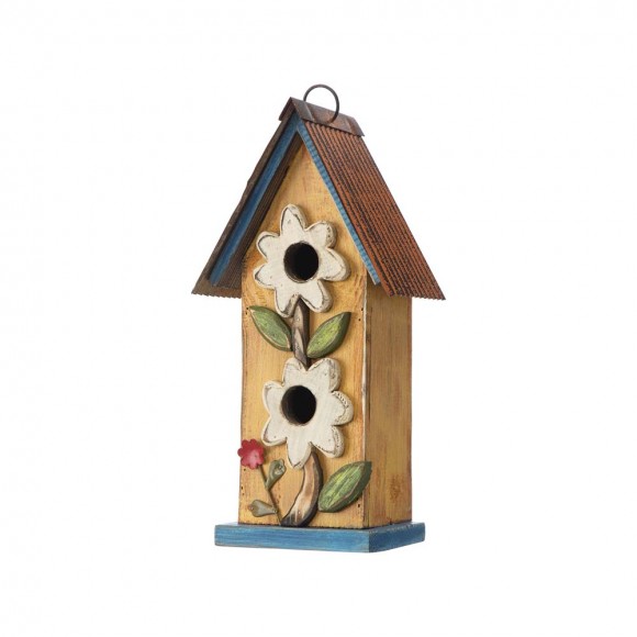 Glitzhome 13.75"H Washed Yellow Two-Tiered Distressed Solid Wood Birdhouse with 3D Flowers