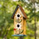 Glitzhome 13.75"H Washed Yellow Two-Tiered Distressed Solid Wood Birdhouse with 3D Flowers