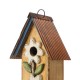 Glitzhome 13.75"H Washed Yellow Two-Tiered Distressed Solid Wood Birdhouse with 3D Flowers