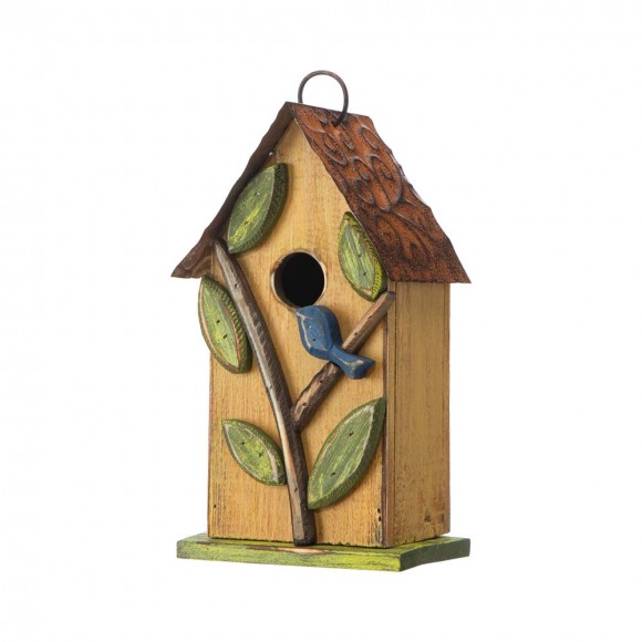 Glitzhome 9.75"H Washed Yellow Distressed Solid Wood Birdhouse with 3D Tree and Bird