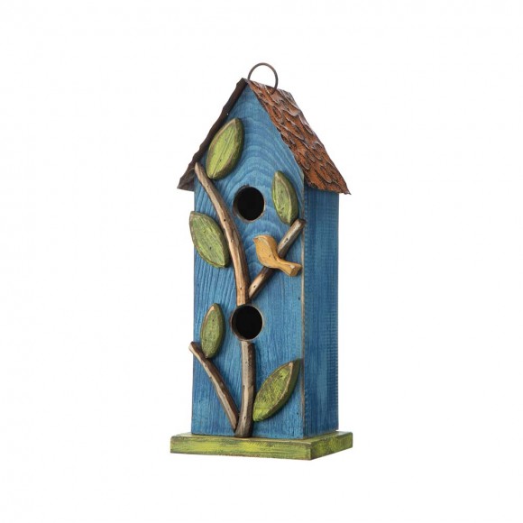 Glitzhome 13"H Washed Blue Two-Tiered Distressed Solid Wood Birdhouse with 3D Tree and Bird