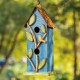 Glitzhome 13"H Washed Blue Two-Tiered Distressed Solid Wood Birdhouse with 3D Tree and Bird