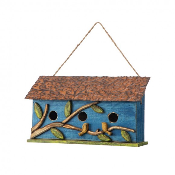 Glitzhome 15.75"L Oversized Washed Blue Distressed Solid Wood Cottage Birdhouse with 3D Tree and Birds