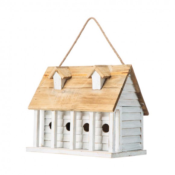 Glitzhome 14.25"L Oversized Washed White Distressed Solid Wood Cottage Birdhouse with Natural Wood Roof