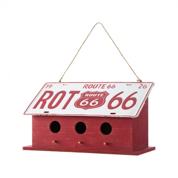 Glitzhome 14"L Washed Red Wood and Metal Birdhouse with Unique Licence Plate Roof