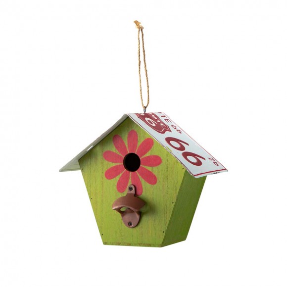 Glitzhome 10.75"L Washed Green Wood and Metal Birdhouse with Unique Licence Plate Roof