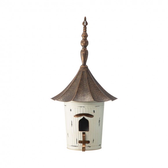 Glitzhome 29.75"H Farmhouse Washed White Distressed Metal Pagoda Birdhouse with Bronze Roof