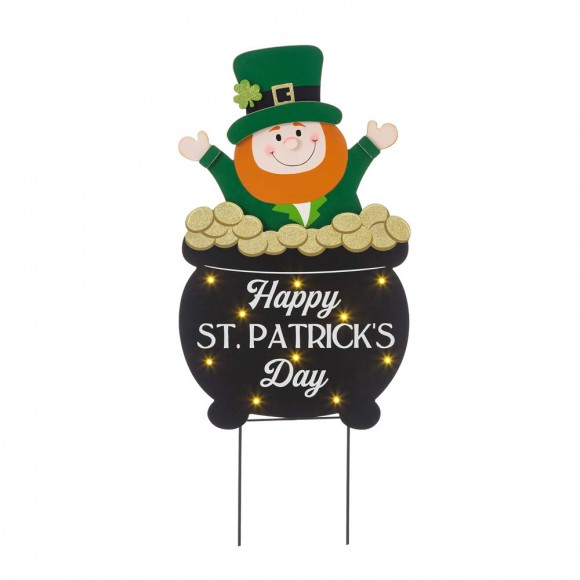 Glitzhome 24"H St. Patrick's Day Lighted Wooden Leprechaun Yard Stake or Wall Décor or Porch Décor (Three Functions)