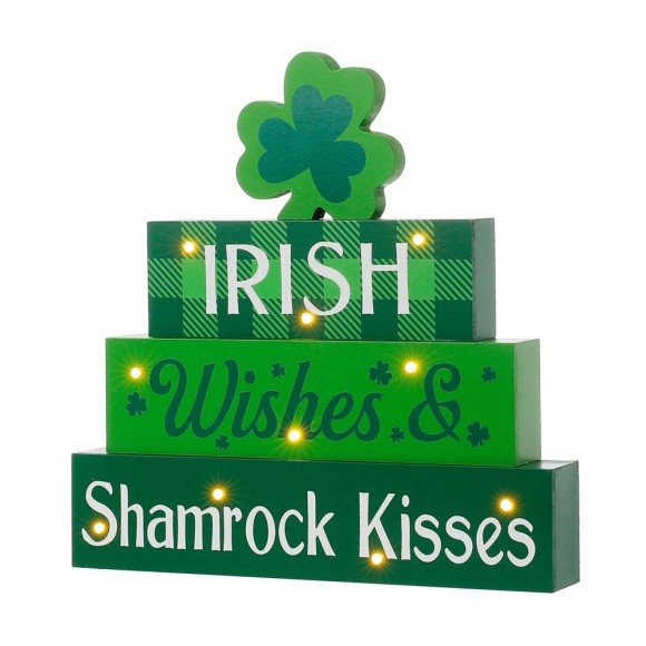 Glitzhome 11.5"H St. Patrick's Day Lighted Wooden Block Table Sign