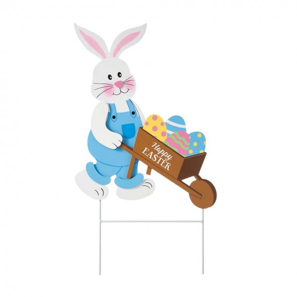 Glitzhome 30.5"H Easter Wooden Bunny Cart Yard Stake or Wall Decor (Two Functions)