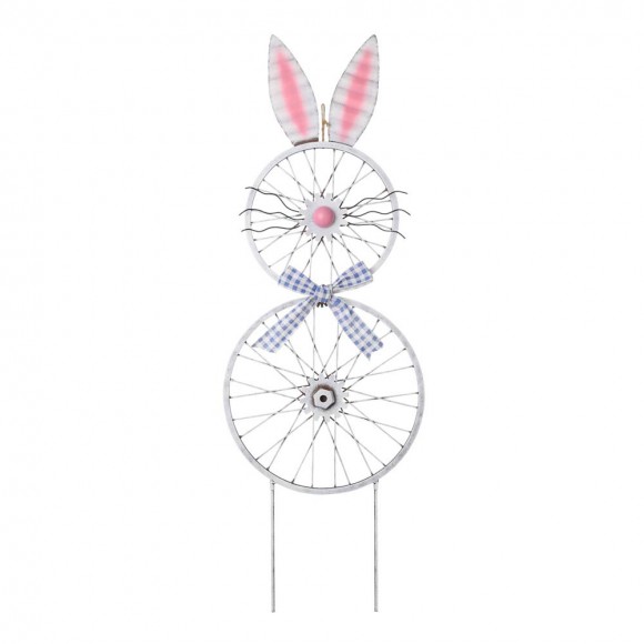 Glitzhome 38"H Easter Metal Bicycle Wheel Bunny Yard Stake or Wall Decor (Two Functions)