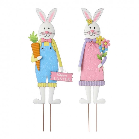 Glitzhome Set of 2 Metal Bunny Boy and Girl Yard Stake or Standing Décor or Wall Décor (Three Functions)
