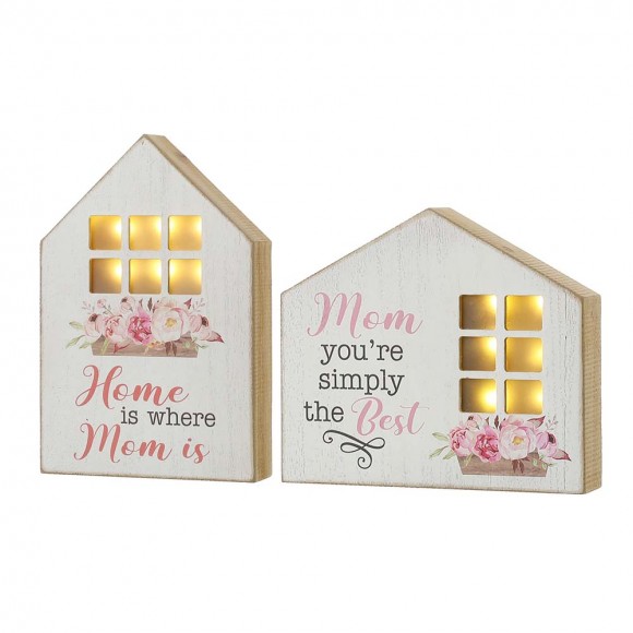 Glitzhome Set of 2 Mother's Day Lighted Wooden House Shaped Table Sign